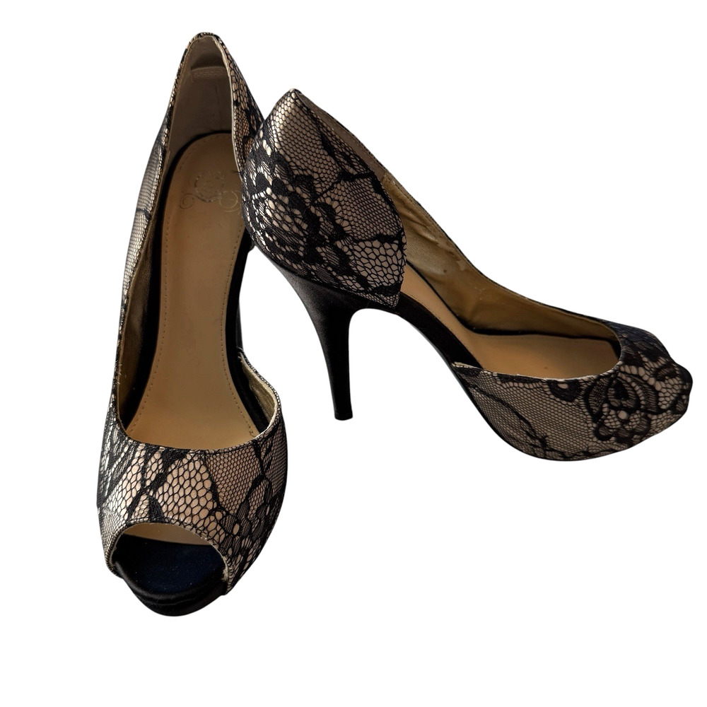 DISNEY DSW Glass Slipper Black Lace Overlay High Heel Shoes 8M Peep Toe Princess